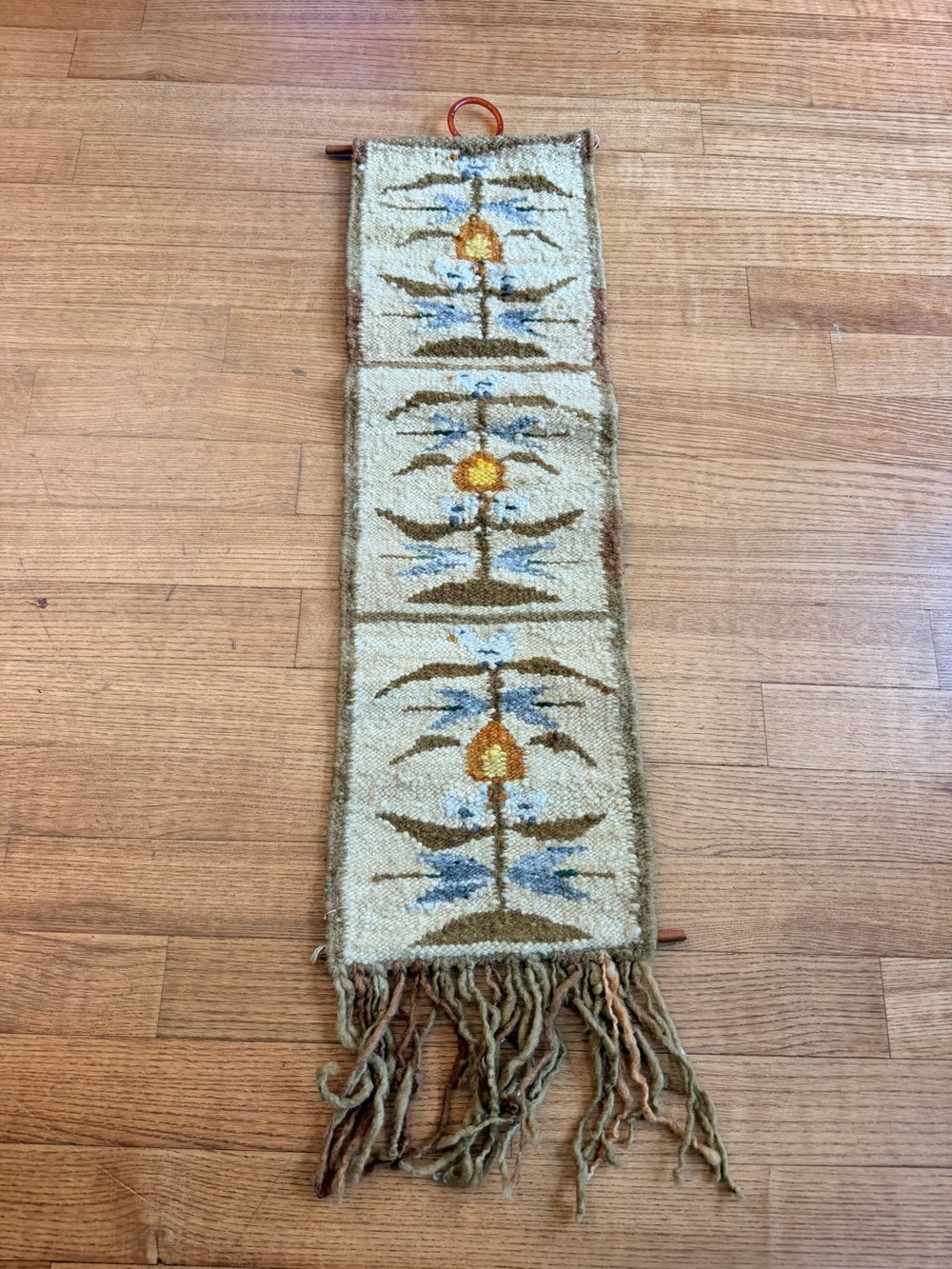 VTG 70s Scandinavian Woven Wool Hanging Tree Life Birds Fiber Art Tapestry MCM